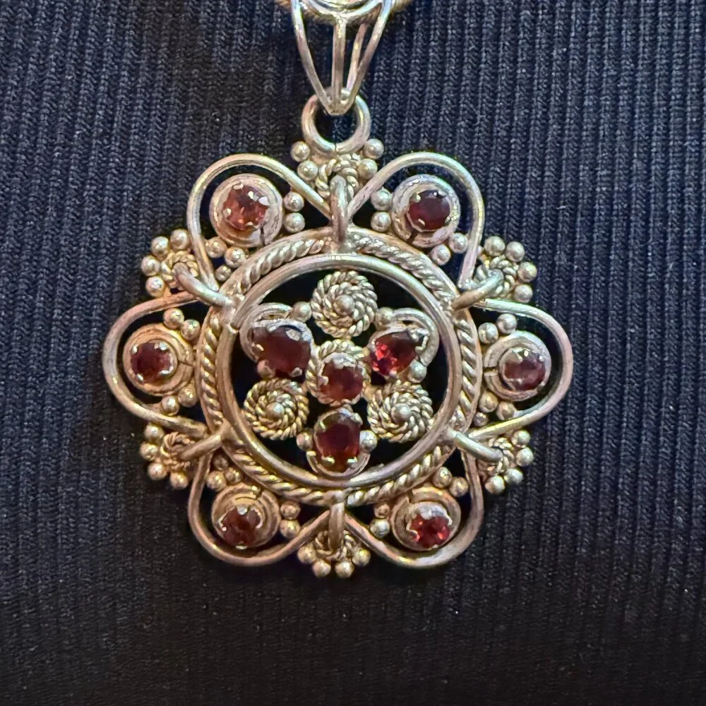 Sterling 925 and Garnet Bohemian Pendant with Sterling Silver 20 Inch Chain
